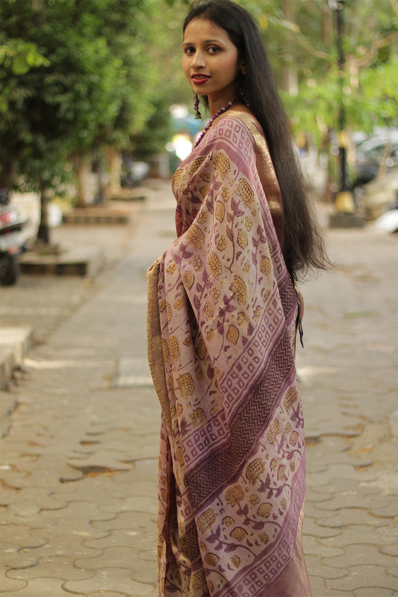 Malini | Dola Silk Saree | Pink Marigold Bagru Vanaspati