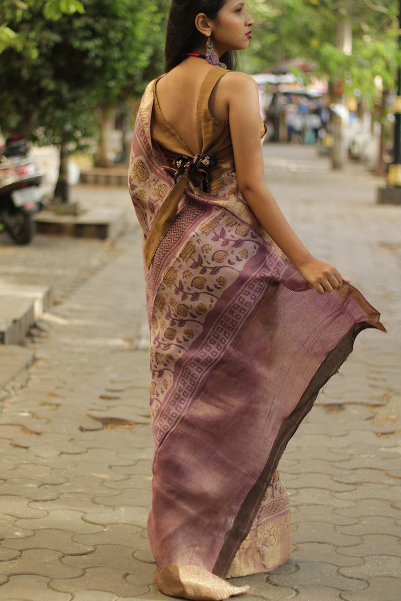 Malini | Dola Silk Saree | Pink Marigold Bagru Vanaspati