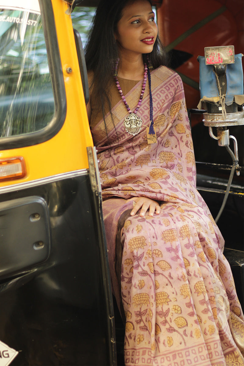 Malini | Dola Silk Saree | Pink Marigold Bagru Vanaspati
