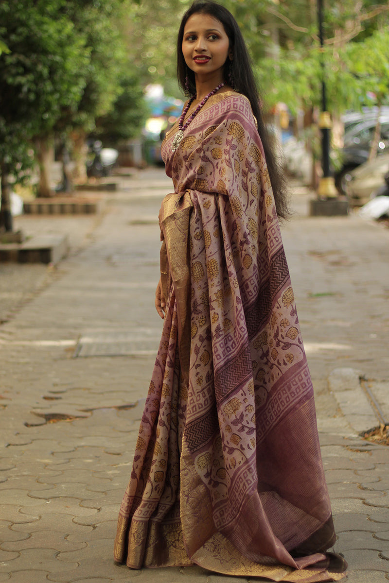 Malini | Dola Silk Saree | Pink Marigold Bagru Vanaspati