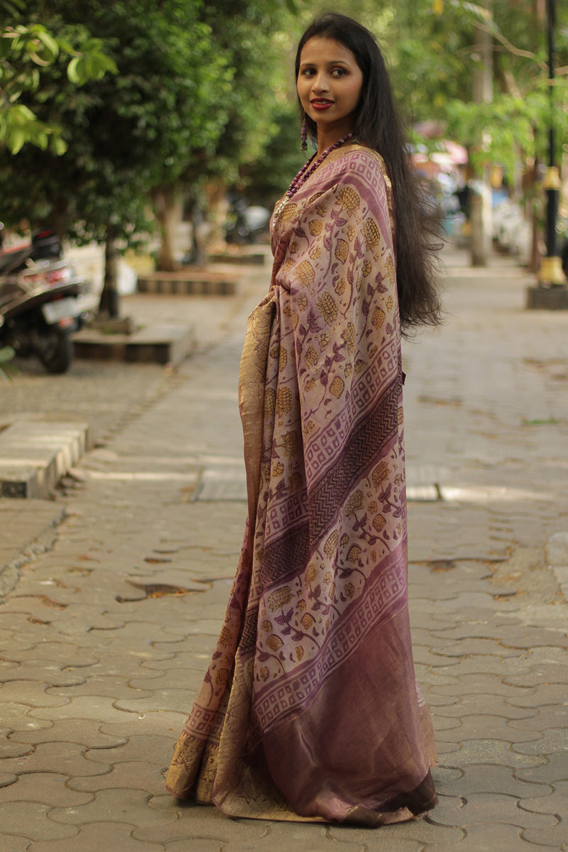 Malini | Dola Silk Saree | Pink Marigold Bagru Vanaspati