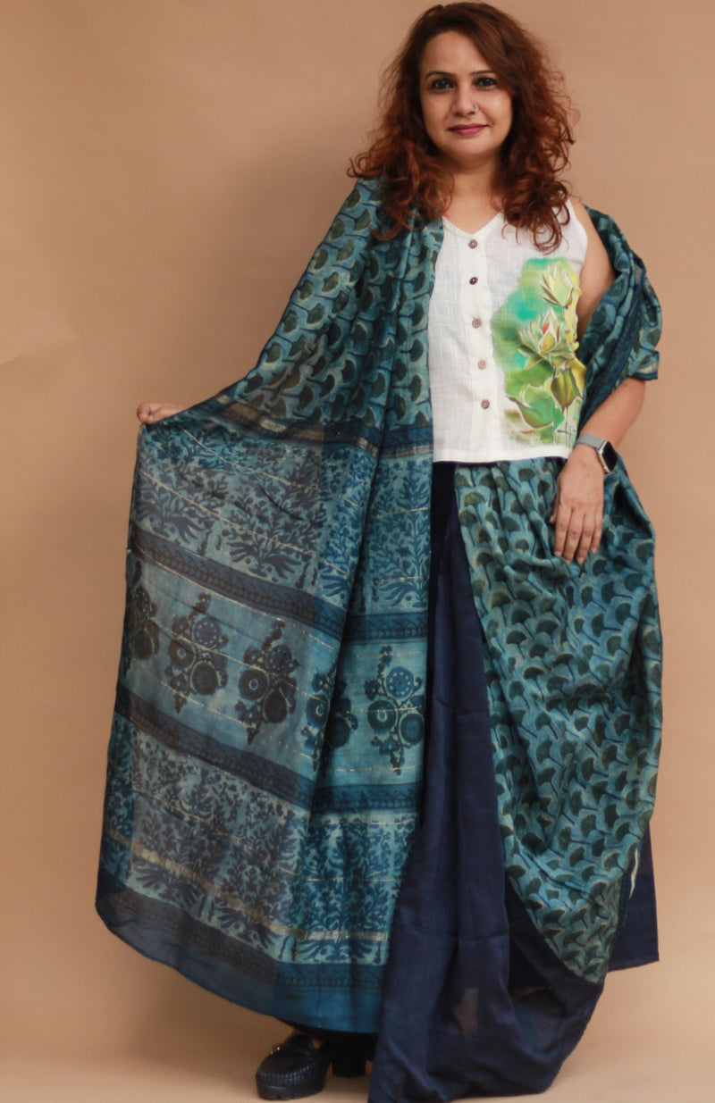 Rangg | Patli Pallu Saree | Chanderi & Mul |  Indigo