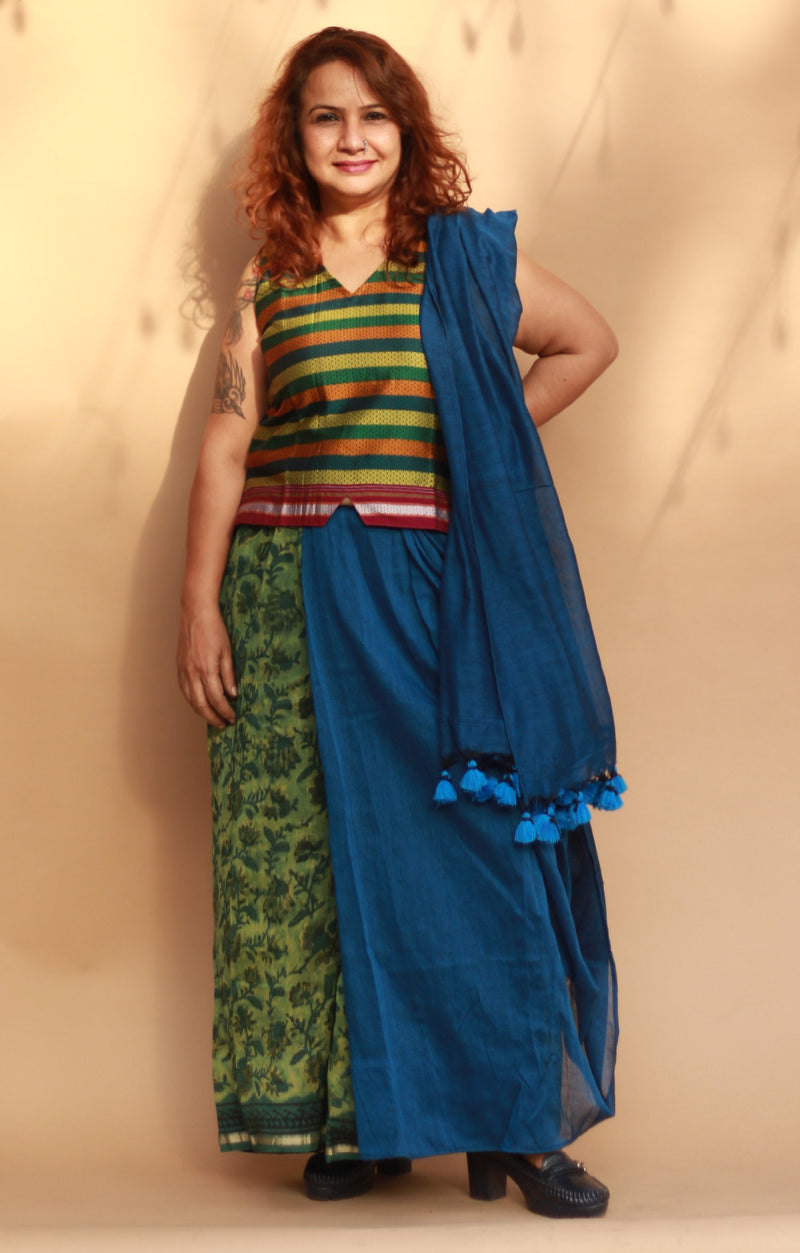 Rangg | Patli Pallu Saree | Chanderi & Mul | Green - Blue