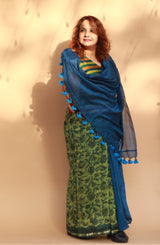 Rangg | Patli Pallu Saree | Chanderi & Mul | Green - Blue