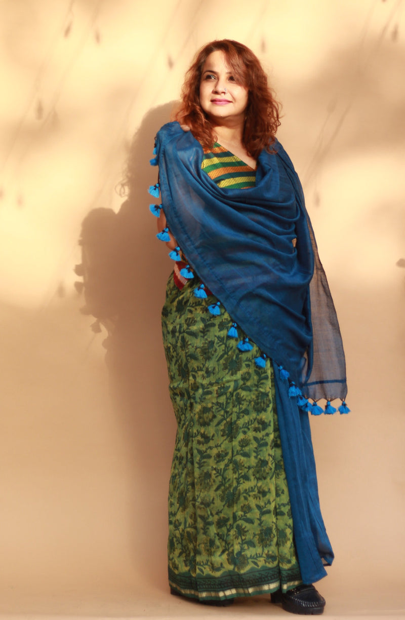 Rangg | Patli Pallu Saree | Chanderi & Mul | Green - Blue