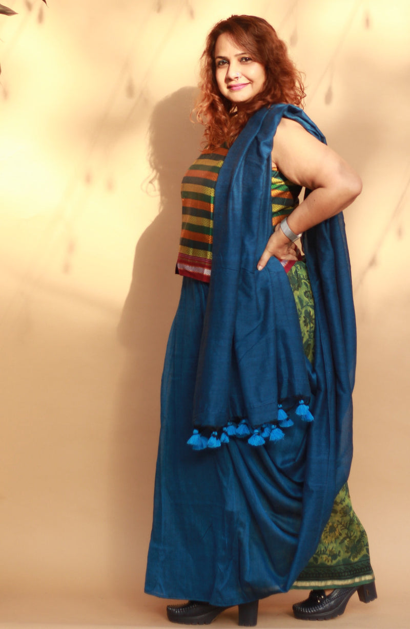 Rangg | Patli Pallu Saree | Chanderi & Mul | Green - Blue