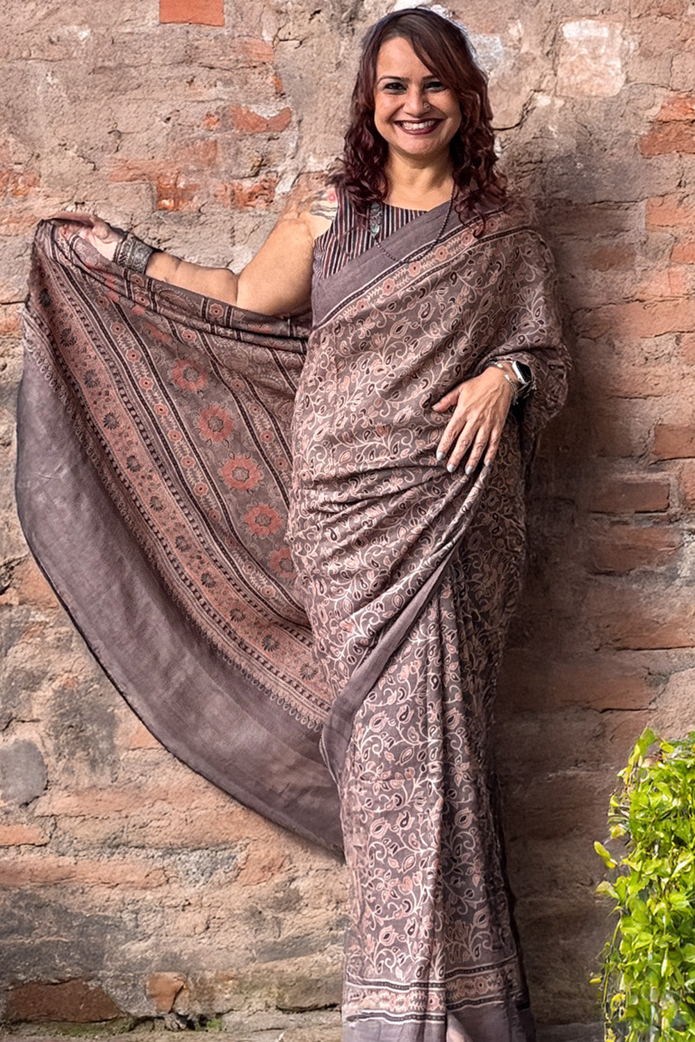 Tussar Silk Saree | Umber Ajrakh