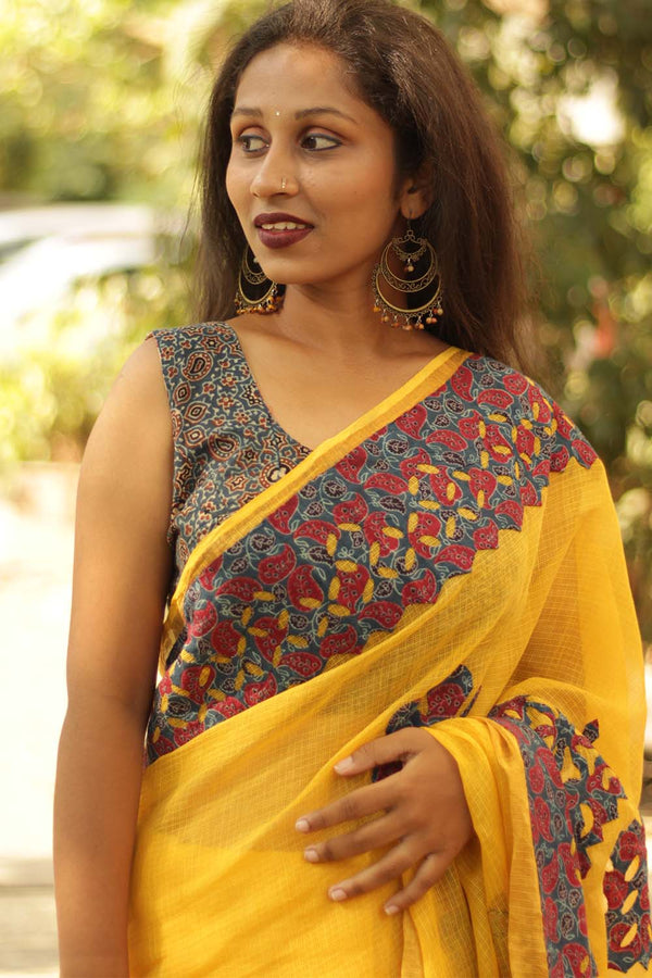 Chrome Kota Cotton Saree with Blockprinted Applique