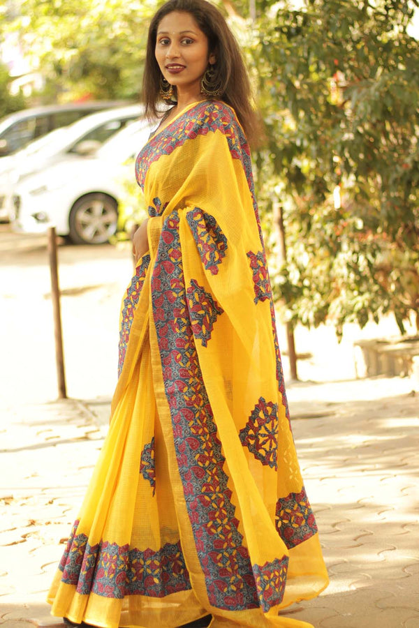 Chrome Kota Cotton Saree with Blockprinted Applique
