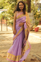 Kota Saree with Applique- Lavender-Mustard