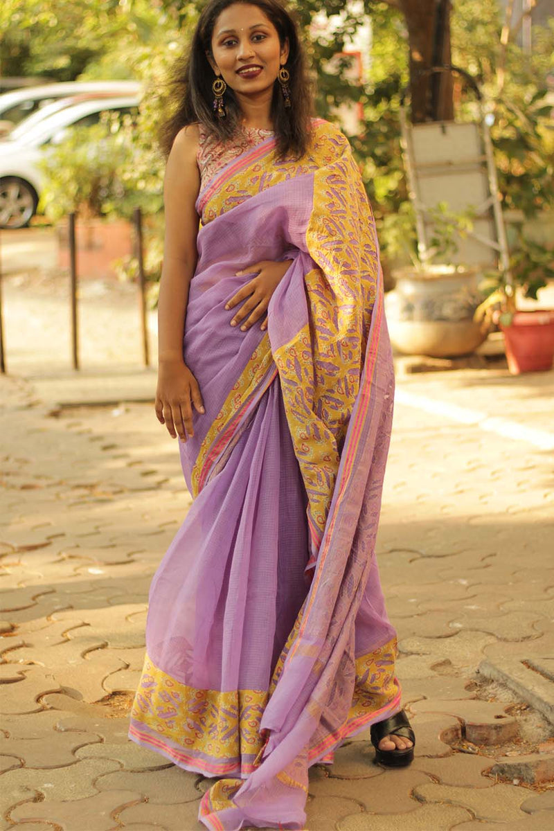 Kota Saree with Applique- Lavender-Mustard