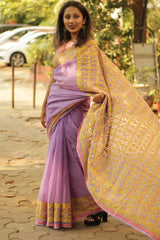 Kota Saree with Applique- Lavender-Mustard