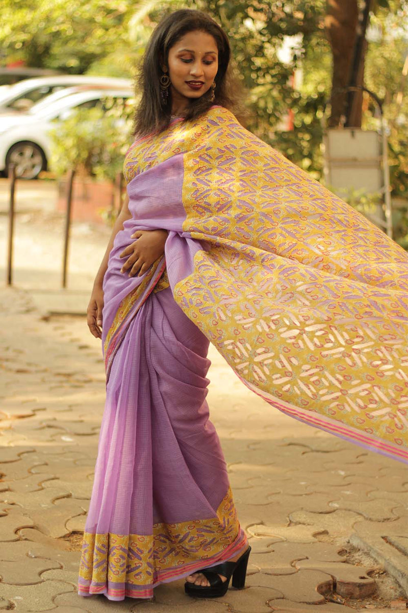 Kota Saree with Applique- Lavender-Mustard