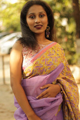 Kota Saree with Applique- Lavender-Mustard