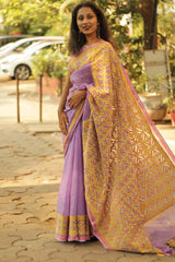 Kota Saree with Applique- Lavender-Mustard