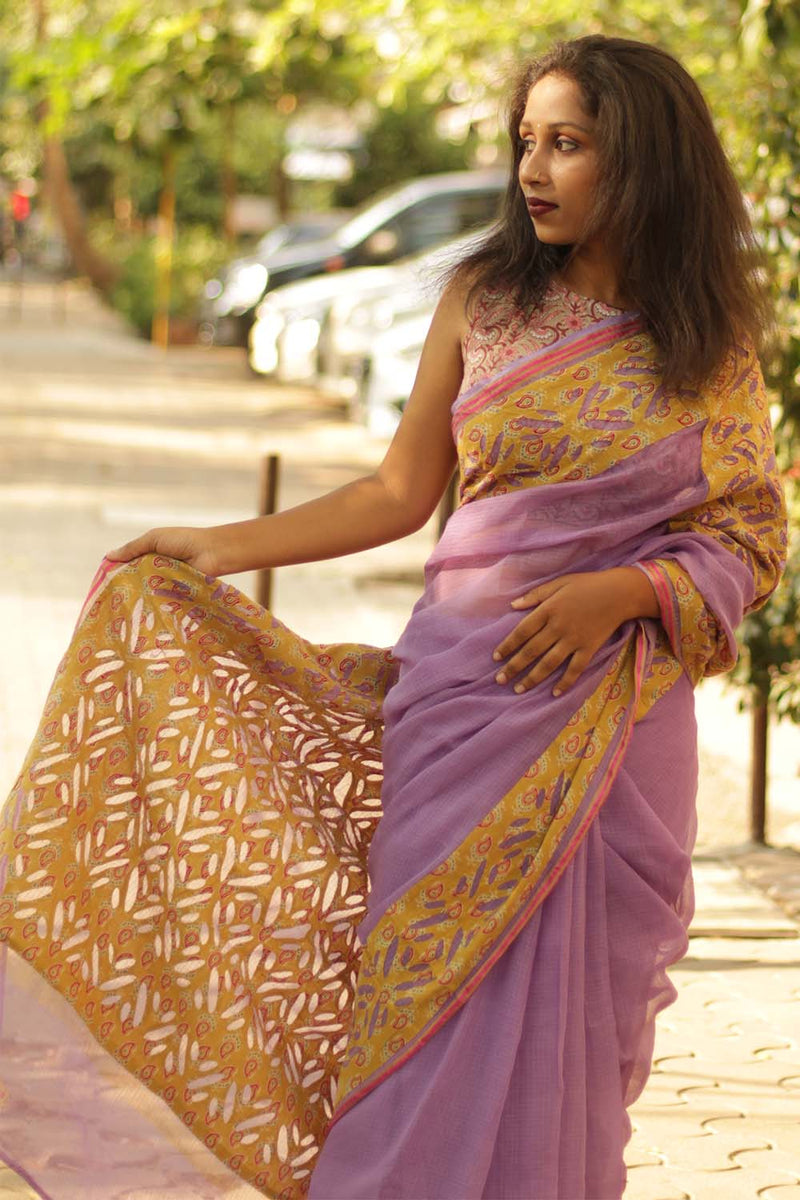 Kota Saree with Applique- Lavender-Mustard