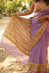 Kota Saree with Applique- Lavender-Mustard