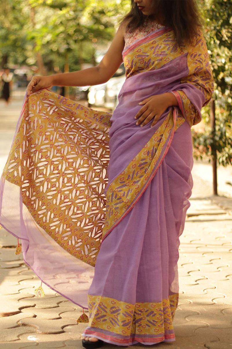 Kota Saree with Applique- Lavender-Mustard