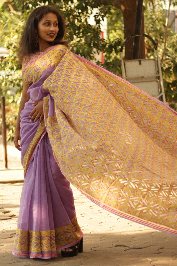 Kota Saree with Applique- Lavender-Mustard