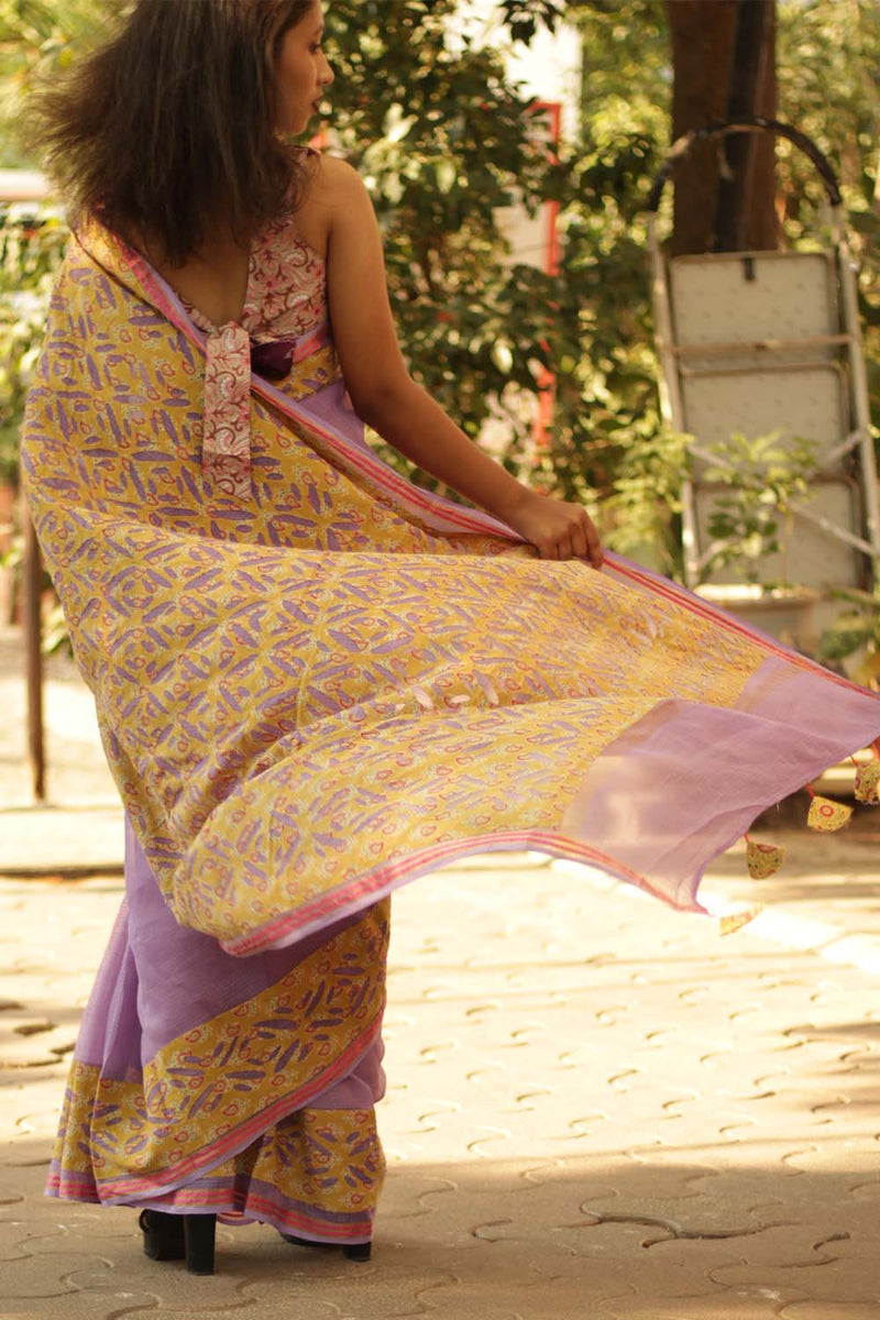 Kota Saree with Applique- Lavender-Mustard