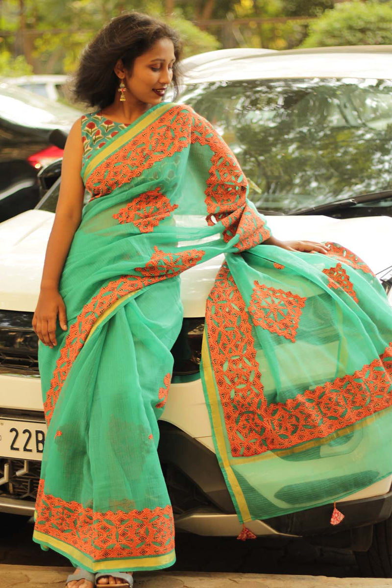 Kota Saree with Applique- Teal