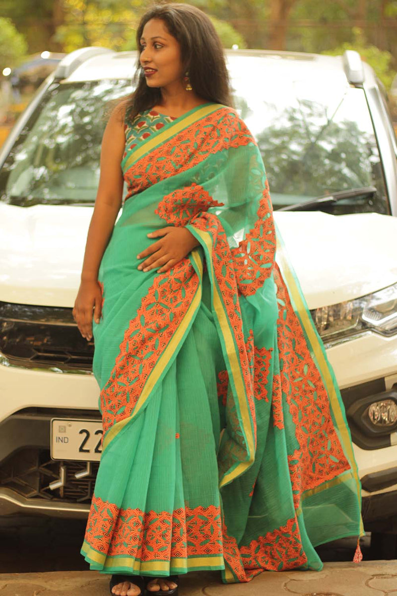 Kota Saree with Applique- Teal