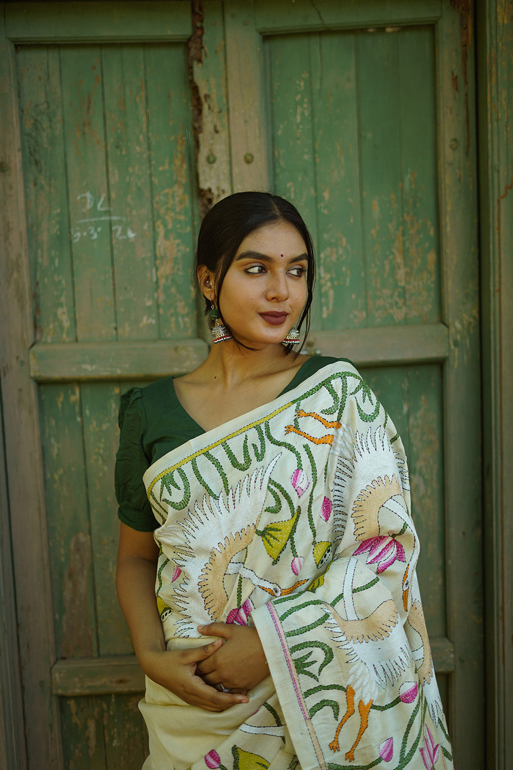 Hamsini | Kantha Tussar Silk Saree | Ivory