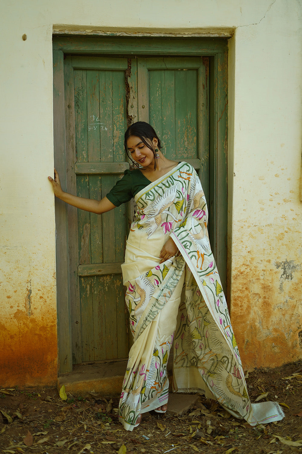 Hamsini | Kantha Tussar Silk Saree | Ivory
