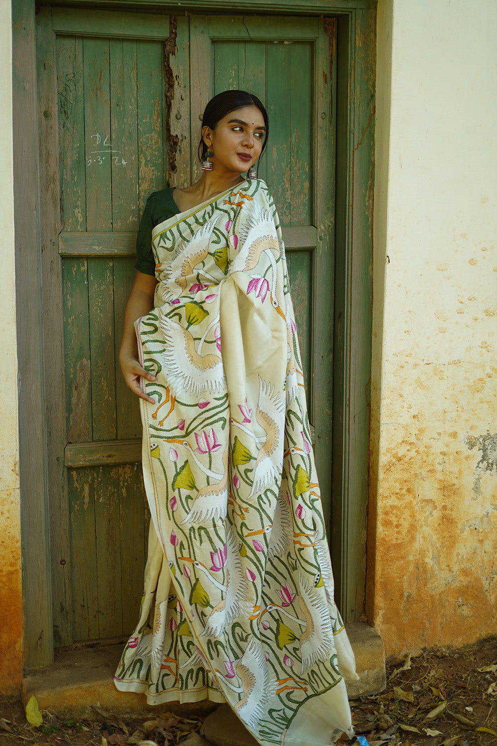 Hamsini | Kantha Tussar Silk Saree | Ivory