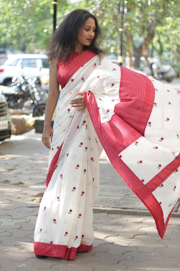 Lal-Shwet- Mul Saree with Mirror Work