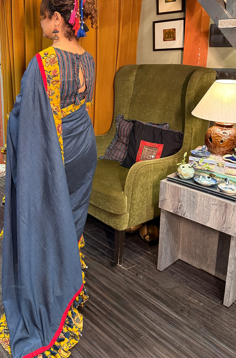 Hulchul | Frill Saree | Blue with Yellow Sanganeri