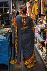Hulchul | Frill Saree | Blue with Yellow Sanganeri