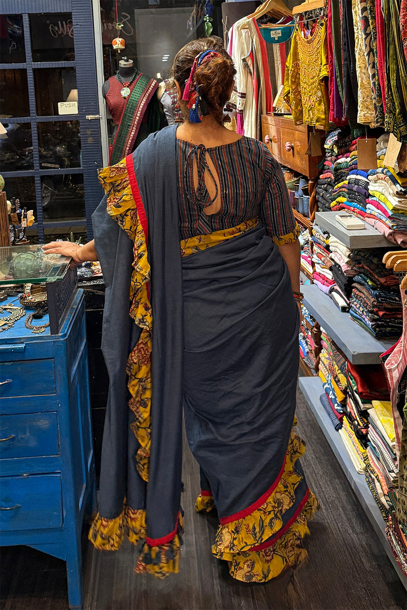 Hulchul | Frill Saree | Blue with Yellow Sanganeri