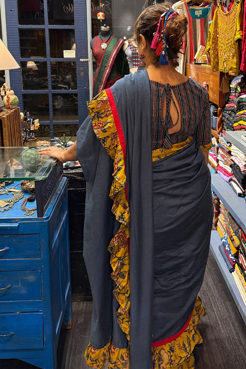 Hulchul | Frill Saree | Blue with Yellow Sanganeri