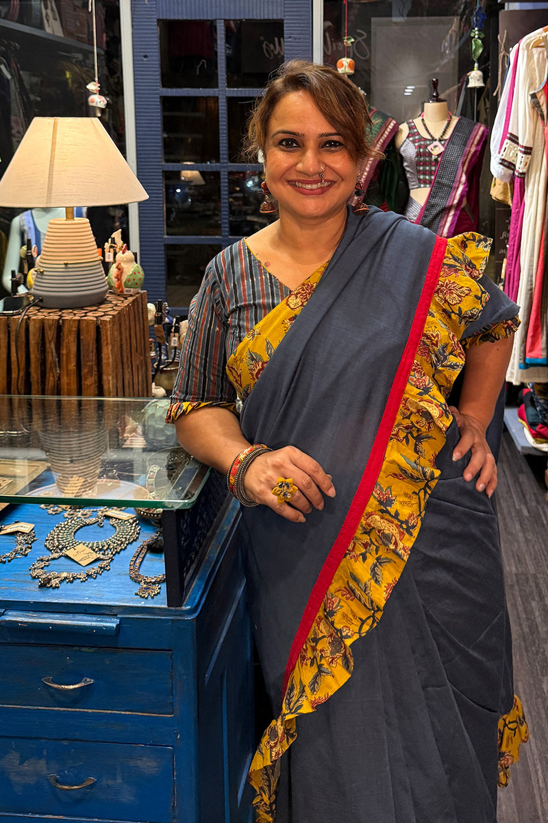 Hulchul | Frill Saree | Blue with Yellow Sanganeri