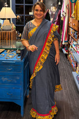 Hulchul | Frill Saree | Blue with Yellow Sanganeri