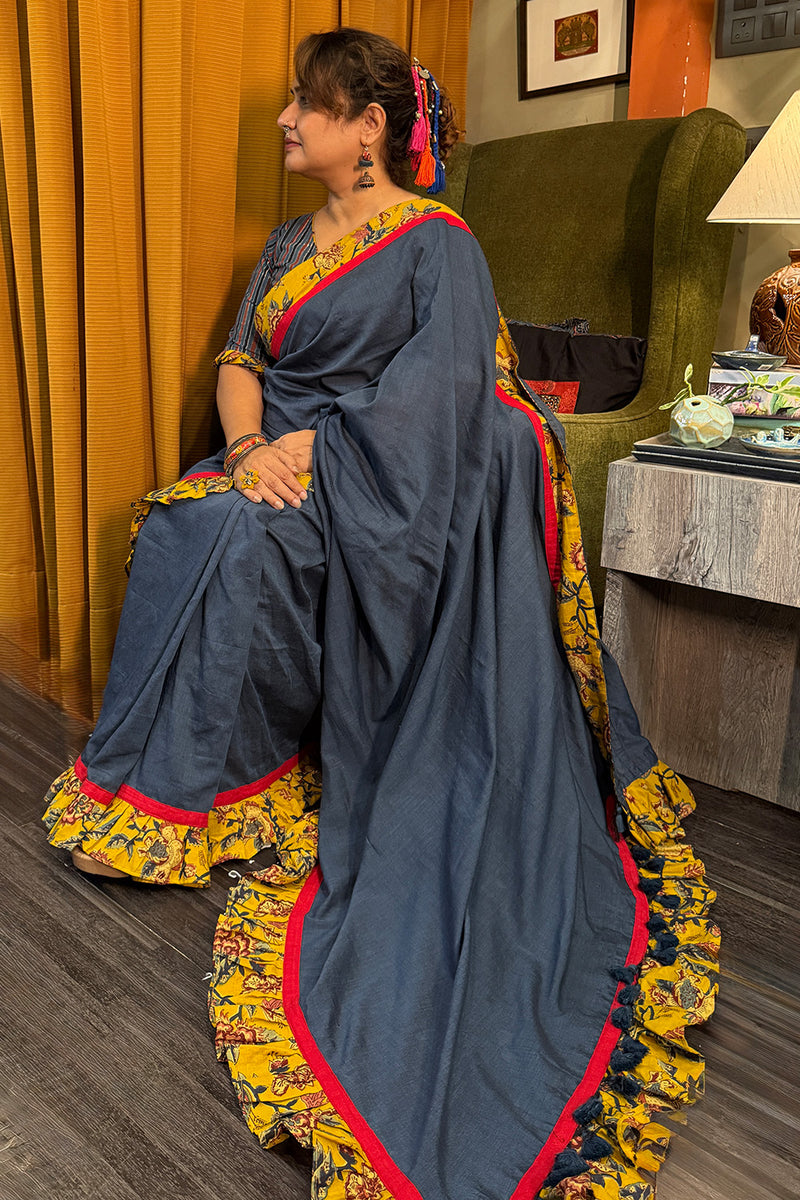 Hulchul | Frill Saree | Blue with Yellow Sanganeri