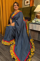 Hulchul | Frill Saree | Blue with Yellow Sanganeri