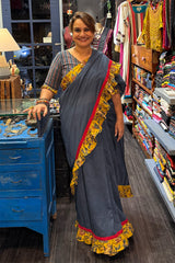 Hulchul | Frill Saree | Blue with Yellow Sanganeri