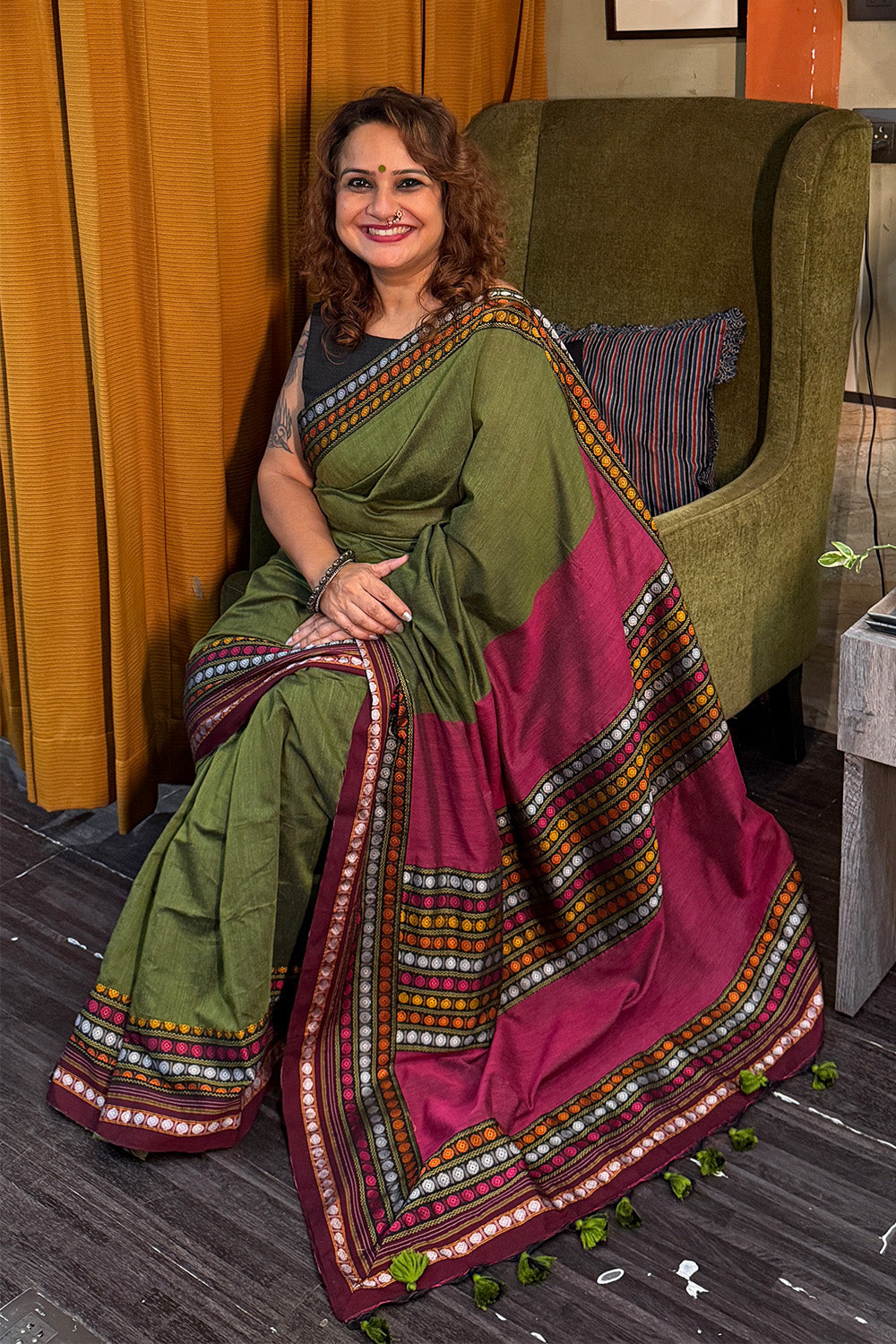 Mandira | Khunn Border Saree | Olive Green