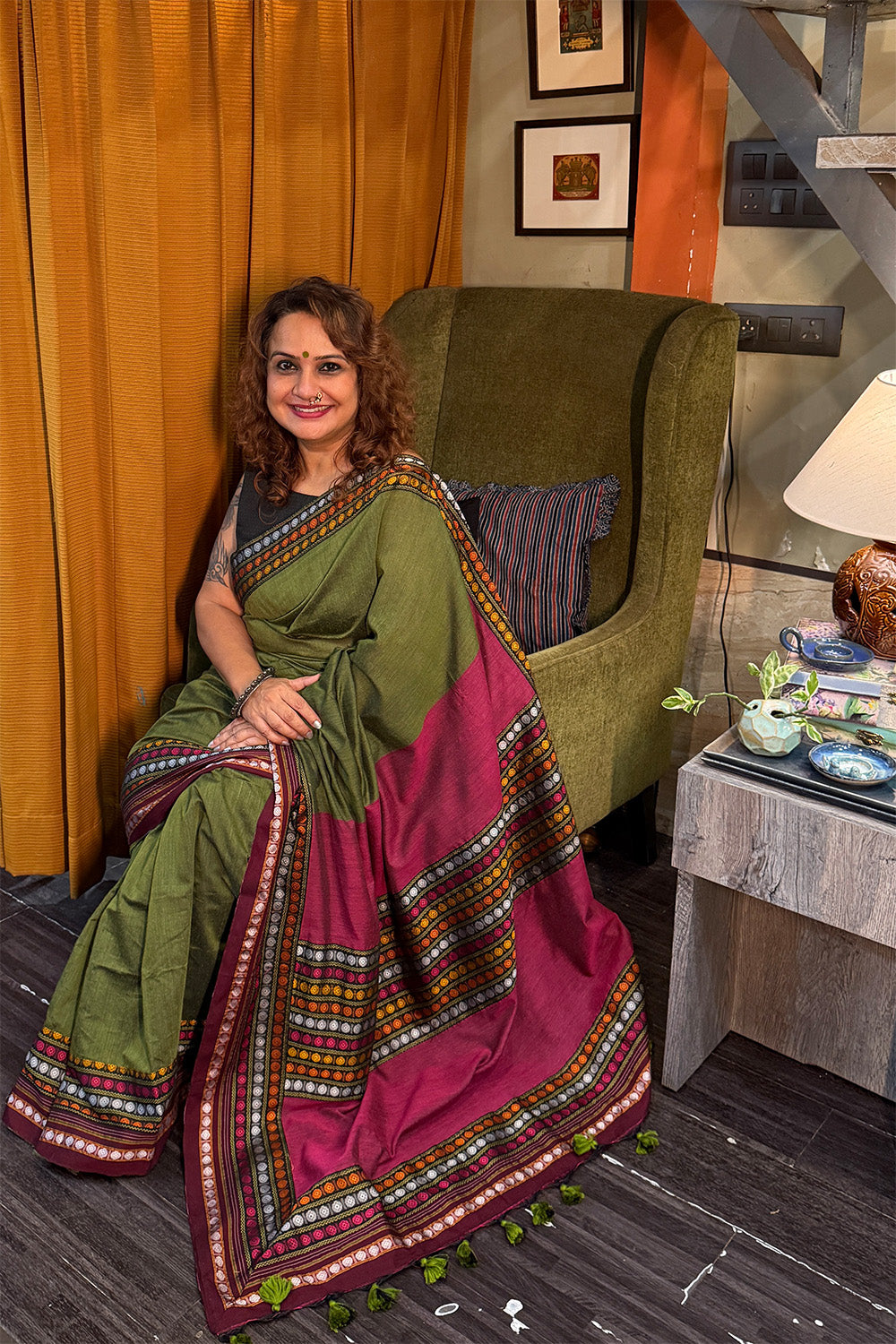 Mandira | Khunn Border Saree | Olive Green