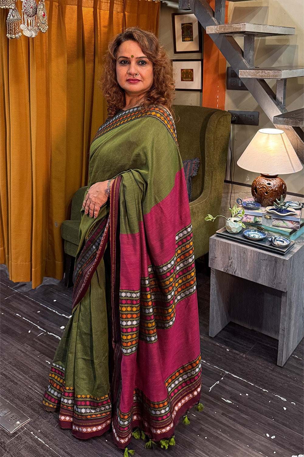 Mandira | Khunn Border Saree | Olive Green