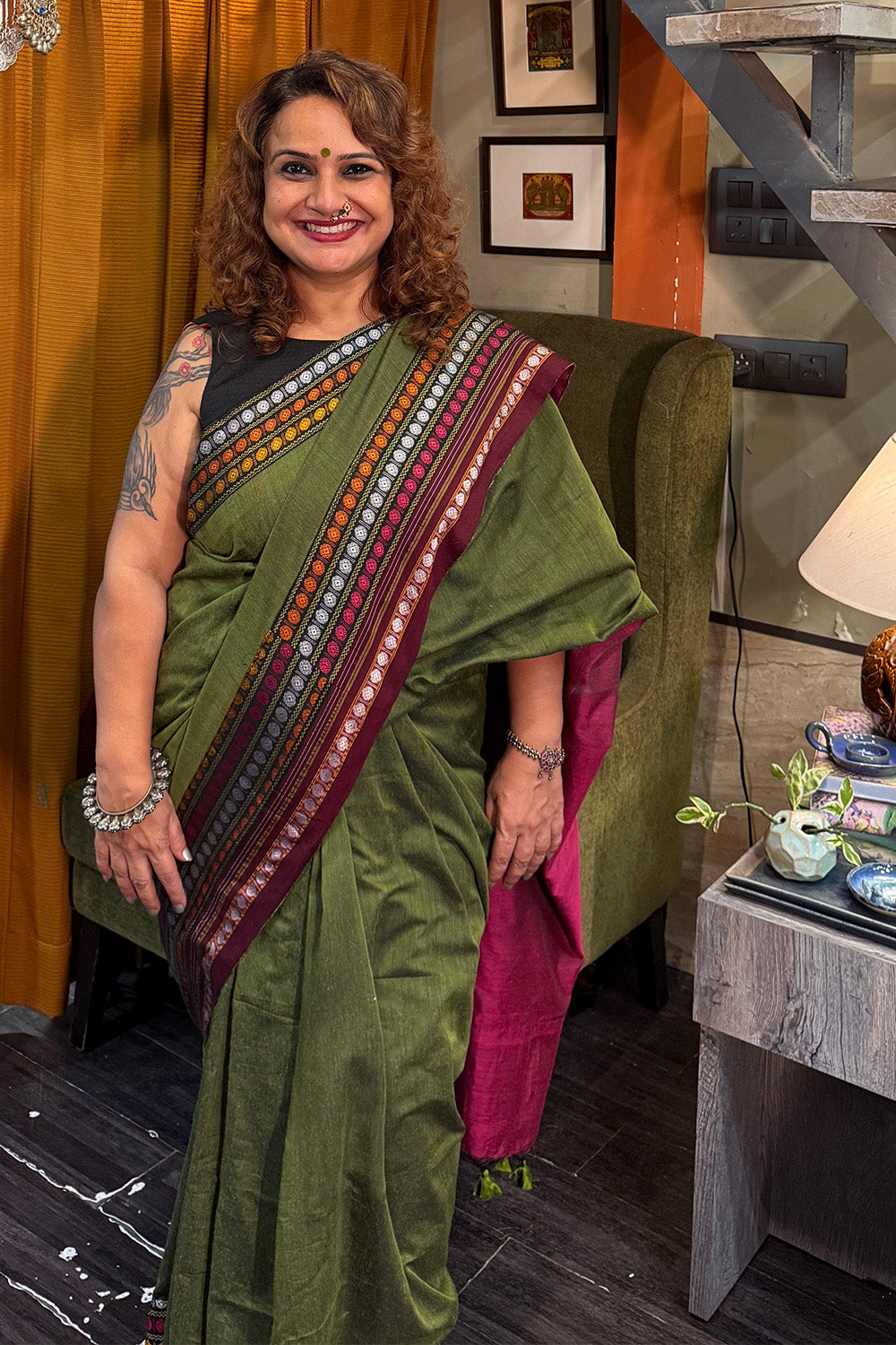 Mandira | Khunn Border Saree | Olive Green