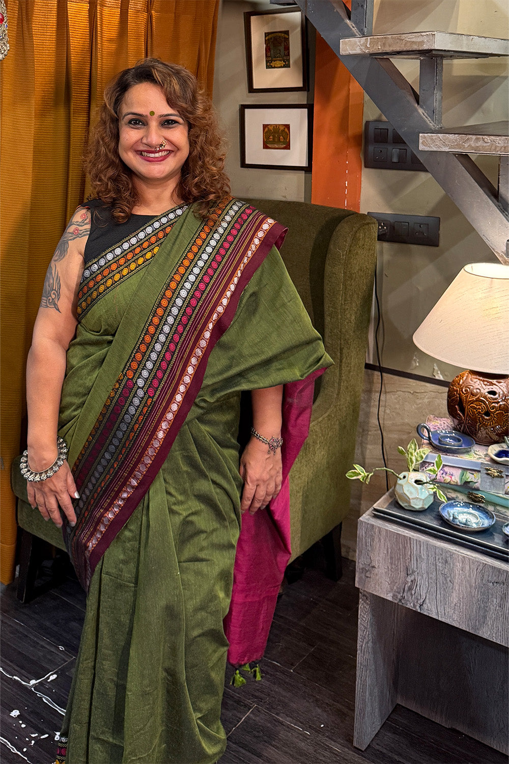Mandira | Khunn Border Saree | Olive Green