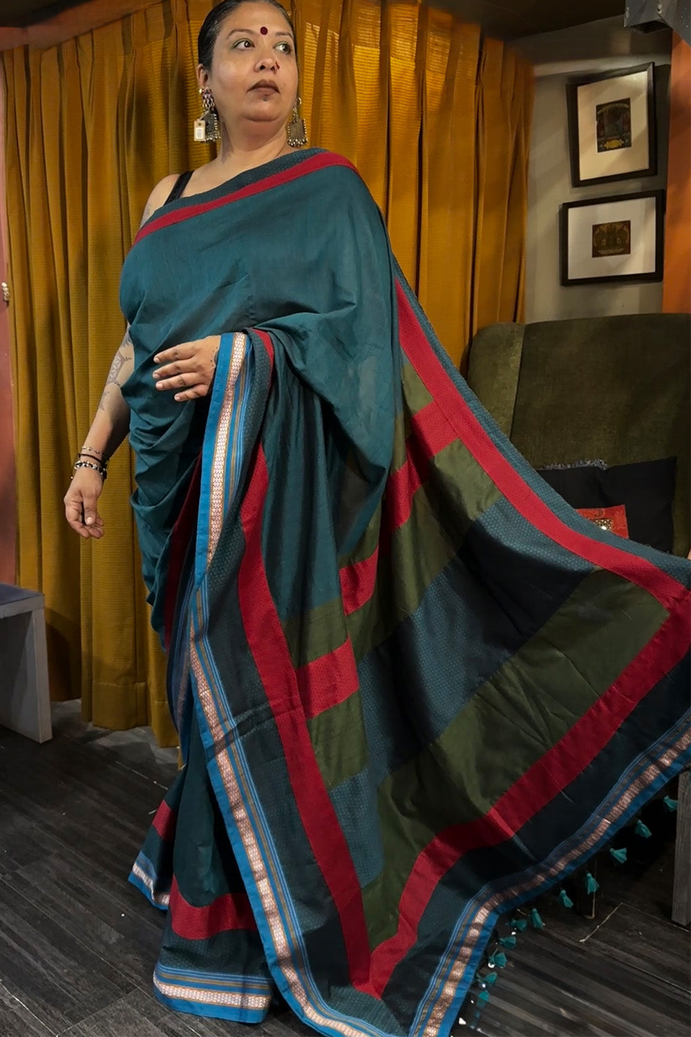 Mandira | Khunn Border Saree | Teal
