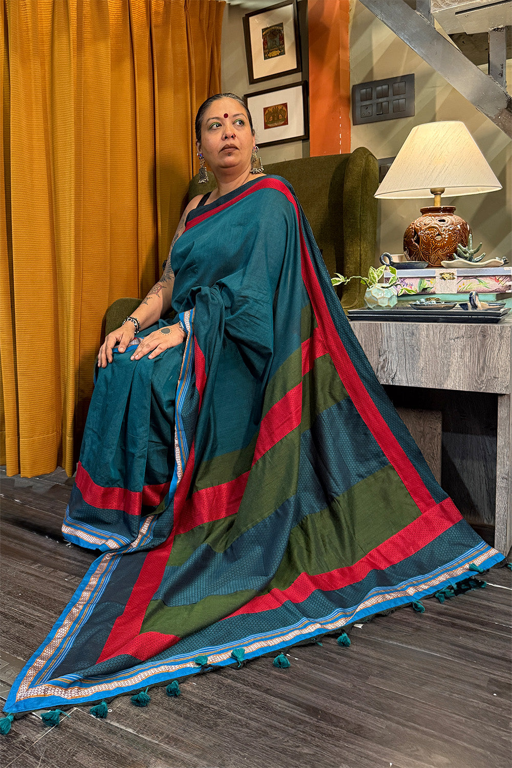 Mandira | Khunn Border Saree | Teal