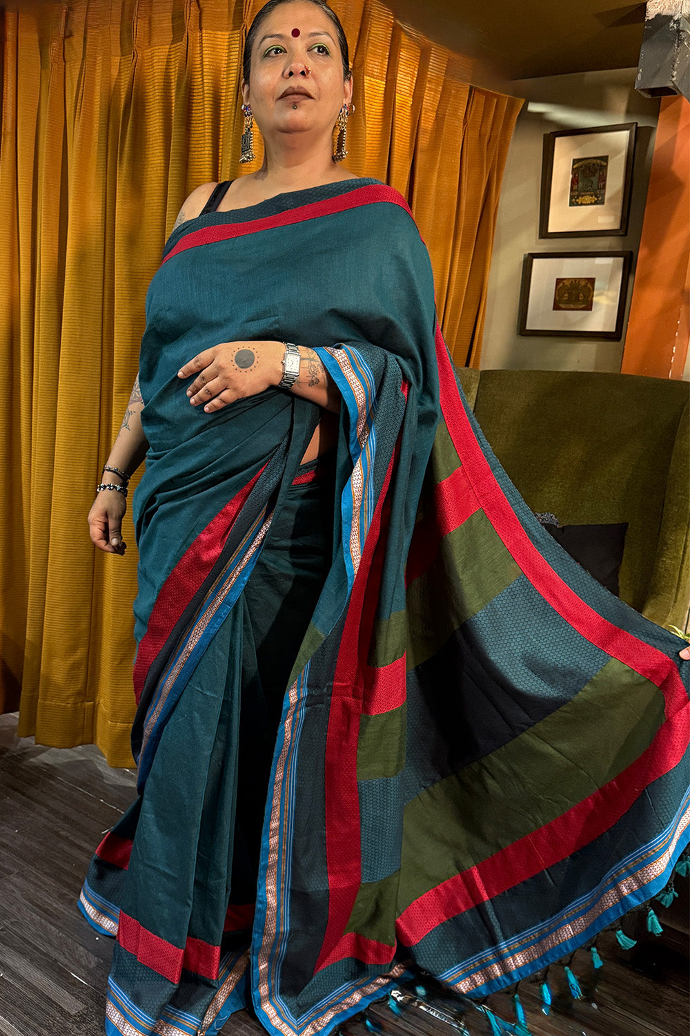 Mandira | Khunn Border Saree | Teal