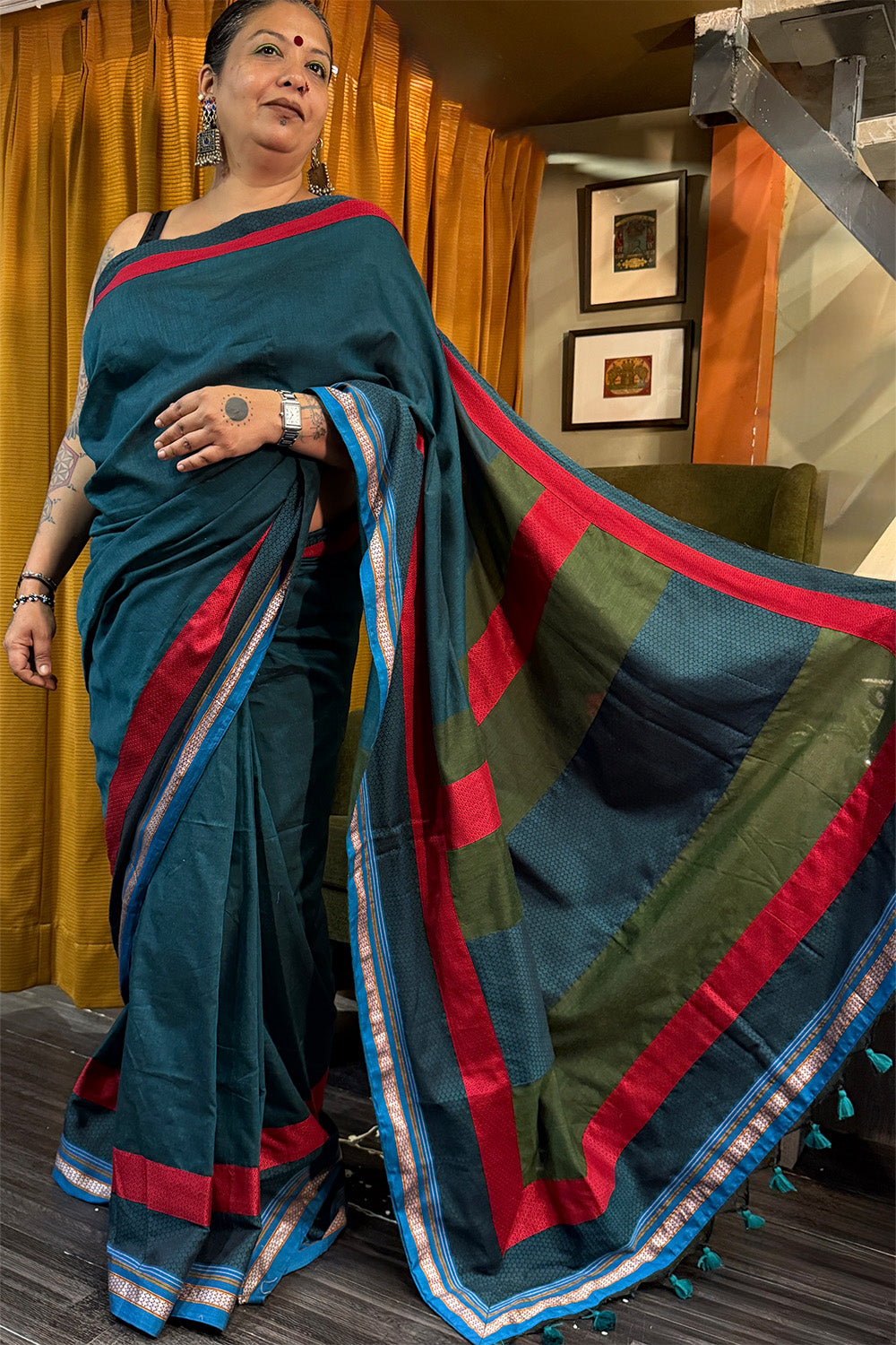 Mandira | Khunn Border Saree | Teal