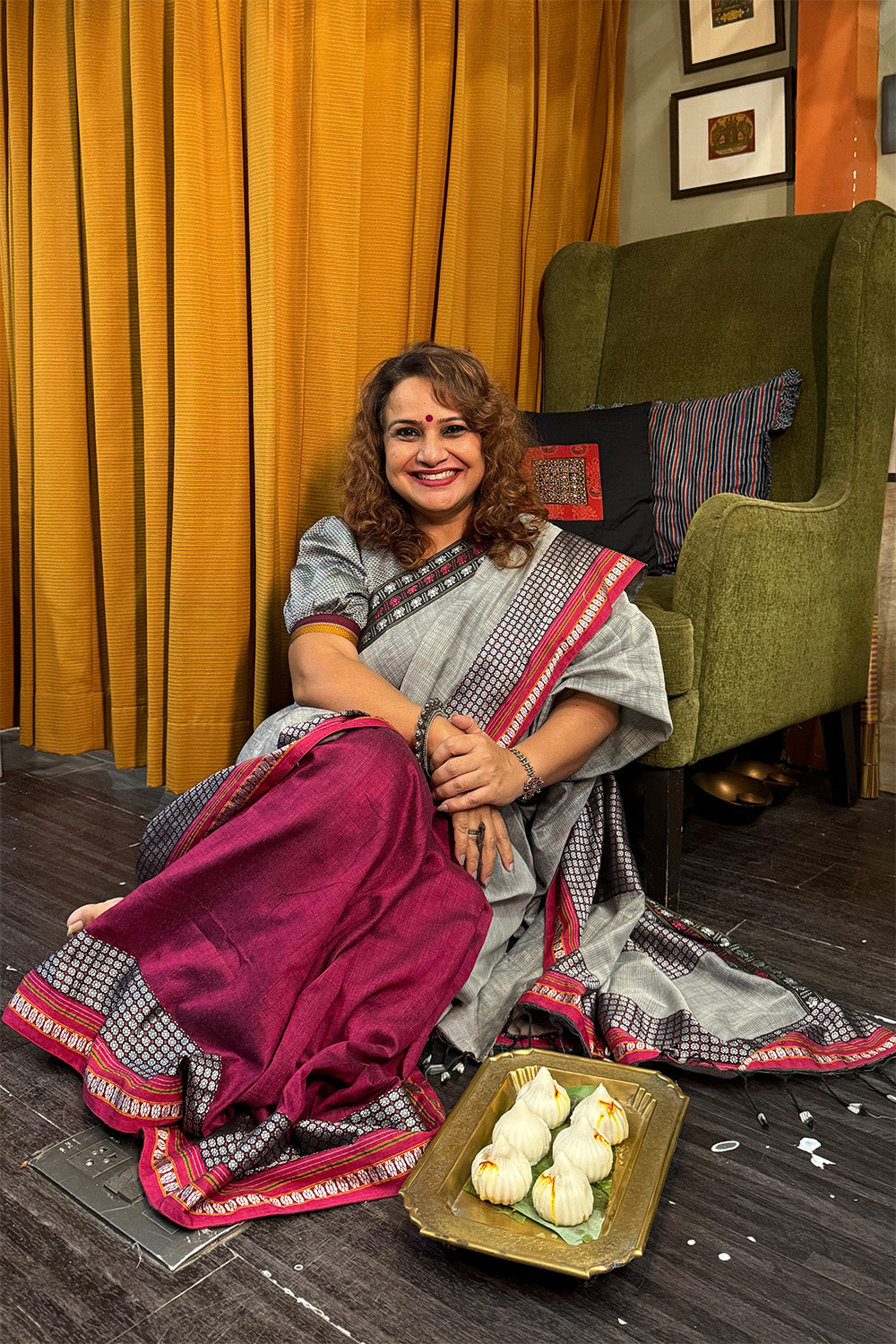 Mandira | Khunn Border Saree | Slate