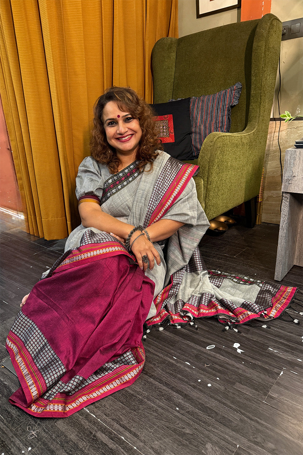 Mandira | Khunn Border Saree | Slate